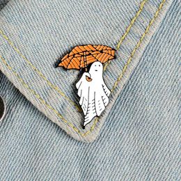White ghost enamel pin cute cartoon badge orange umbrella brooch denim jacket bag lapel pin Jewellery gift for boys and girls
