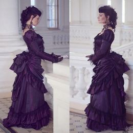 Victorian Gothic Purple Wedding Dresses Royal House Ball Duchess Wedding Gowns Long Sleeves Lace Ruched Renaissance Aristocracy Dress