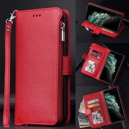 Folio Vegan Leather Wallet Chain Case Mulitple Card Slots Zipper Purse Wristband Bracelet Phone Shell for Samsung Note10 S10 S20 S9 A10 A71