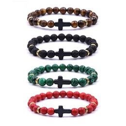 Personality White Turquoise Volcanic Rocks Tigers's eye Bead Bracelet Men Womens Natural Gemstone Cross Charms Stackable Bracelet Jewelry