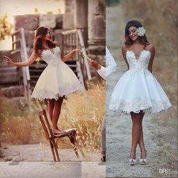 New Sexy African Cheap Short Mini A Line Wedding Dresses Sweetheart Sleeveless Lace Appliques Open Back Knee Length Country Bride Gowns