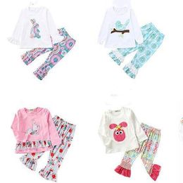 Baby Designer Clothes Kids Easter Clothing Sets Girls Bunny Outfits Floral Birds Bear Printed Ruffle Long Sleeve Top Pant Suit 2-6T AZYQ5158