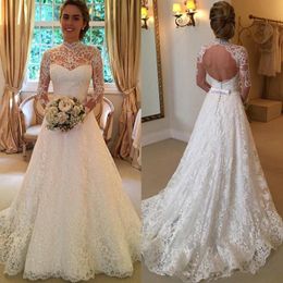 2020 New Sheer High Neck Lace Wedding Dresses Long Sleeves Princess Bridal Dress with Keyhole Back Free Shipping