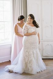 New Mermaid Plus Size Wedding Dress Off Shoulder Lace Illusion Half Sleeves Applique Beaded Lace-up Back Bridal Gowns Custom Made