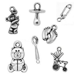 silver spoons jewelry UK - Mix Charms 200pcs lot Vintage Silver Baby Theme Pin Bear Feet Baby Carriage Spoon Pendant DIY Jewelry for Bracelets Necklace Gift