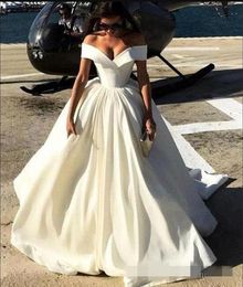 Satin Off Simple the Shoulder Dresses Ruched Pleats Cap Sleeves Plus Size Custom Made Wedding Gowns Vestido De Novia