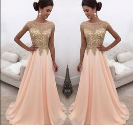 2018 Chiffon Sheer Jewe Neck Gold Lace Appliqued Long A Line Prom Dresses Cap Sleeves Formal Party Wear Formal Evening Dresses Custom Made
