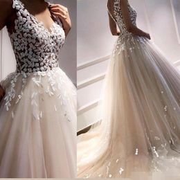 Champagne A Modest Line Dresses V Neck Sweep Train D Floral Applique Covered Buttons Back Garden Wedding Bridal Gown Custom Made pplique