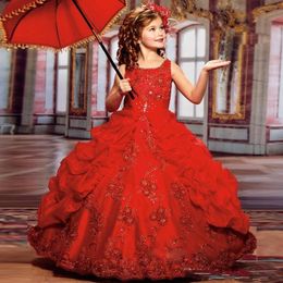 2020 Lovely Red Girls Pageant Dresses for Teens Princess Ball Gown Sparkly Beads Lace Embroidery Kids Birthday Party Gowns2382