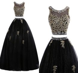 Gold Lace Black Prom Dresses 2 Pieces Crystal Beaded Hollow Back Graduation Dresses 8th Grade Dresses Evening Wear Party Formal Dress