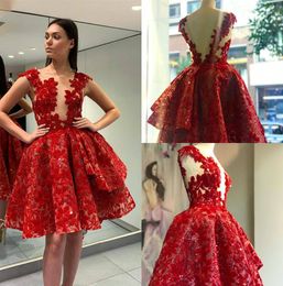 Sky Red Cocktail Party Dresses Sheer Neck Sequined Appliqued Short Prom Dress A line Knee Length Backless Homecoming Dress Custom