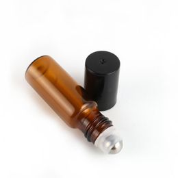 Portable 5ml 1/6oz MINI ROLL ON Glass bottle fragrance PERFUME Amber Brown THICK GLASS BOTTLES ESSENTIAL OIL Steel Metal Roller ball LX9106