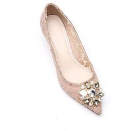 Pink Nude Cut-Outs Lace Stiletto Heels Women Shoes Studded Crystal High Heels Shoes Pointed Toe Slip-On Women Pumps