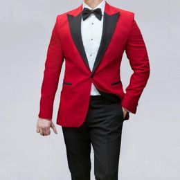 Classic One Button Red Groom Tuxedos Peak Lapel Men Suits 2 pieces Wedding/Prom/Dinner Blazer (Jacket+Pants+Tie) W900