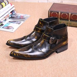 Style Men Leather British Real Winter Autumn Buckle Party Dress Plus Size Brown Pointed Toe Motorcycle Ankle Boots