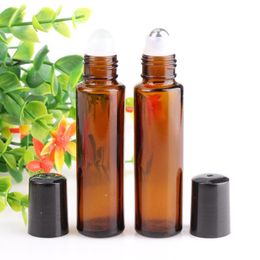600pcs/lot Amber Aromatherapy Essential Oil Roller Bottles Portable 15ml Glass Roll On Refillable Bottles With Metal Ball with black lid