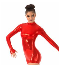 Women Long Sleeve Shorty Unitard Turtleneck Biketards For Girls Gymnastics Shiny Metallic Stage Performance Dance Costumes