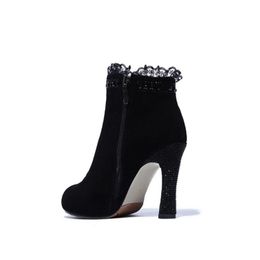 women winter boots genuine leather high heel shoes ankle lace booties chunky luxury sheepskin