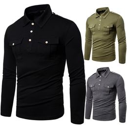 Men's Autumn Mens Military Double Pocket Tshirt Army Green Lapel Long Sleeve T-shirt Forces Uniform Workwear Clothes Slim Fit Streetwear Ytxt