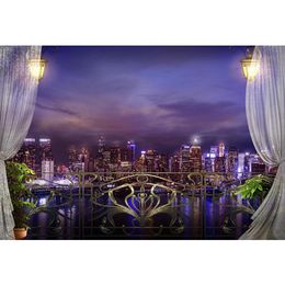 Night Scenic Photography Backdrop City Buildings Purple Blue Sky River Printed Curtains Retro Lanterns Balcony Photo Background