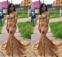 Bling Mermaid Gold Sequined Prom Dresses 2019 Sweetheart African Black Girl Pageant Robe De Soiree Evening Gowns Celebrity Special Occasion