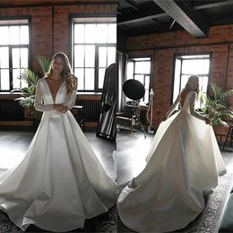 sexy vneck aline wedding dresses garden long sleeve satin bridal gown sequins sweep train backless robes de marie custom made cheap