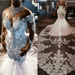 Sheer Long Sleeves Mermaid Wedding Dresses 2022 Lace Applique Beaded Crystals Wedding Bridal Gowns Custom Made
