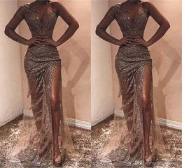 Sliver Full Sequins Mermaid Long Prom Dresses With Front Slit Sexy Tull One-shoulder Tulle Formal Event Evening Dresses