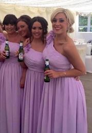 One Shoulder Long Chiffon Bridesmaids Dresses A Line Simple Designer Plus Size Bridemaids Dresses Maid Of Honor With Hand Made Flowers