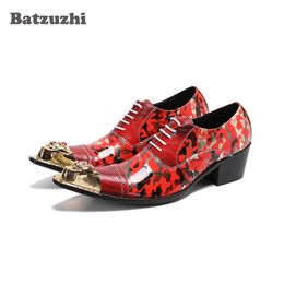 Batzuzhi Luxury Handmade Men's Shoes Golden Iron Toe Punk Leather Dress Shoes Lace-up Red Party, Wedding Shoes Male,Big US6-US12