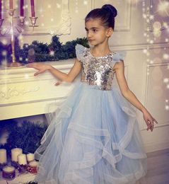 Sequined And Tulle Girls Pageant Gowns Silver Top Cap Sleeve Light Blue Tutu Skirt Flower Girl Dresses For Wedding Cheap Baby Party Dress