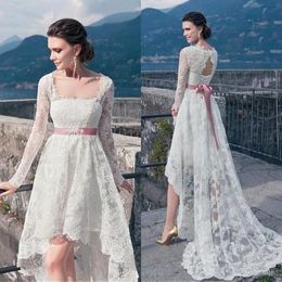 Vintage High Low Wedding Dresses With Long Sleeves Sexy Backless Sash Front Short Back Wedding Dress Cheap Full Lace Beach Bridal Gowns
