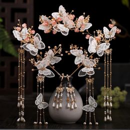 Retro Tassel Hairpins Set Butterfly Pink Acrylic Flower Style with Imitation Pearl Tassel Hair clips Earrings Jewelry for Women