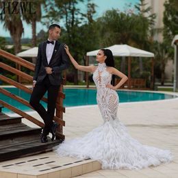 2020 High Neck Mermaid Wedding Dresses Applique Lace Beaded Feathers Zipper Back Sweep Train Bridal Gown for Wedding