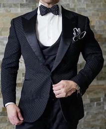 Black Wave point Groom Tuxedos Peak Lapel Groomsmen Mens Wedding Dress Fashion Man Jacket Blazer Business Suit(Jacket+Pants+Vest+Tie) 1686