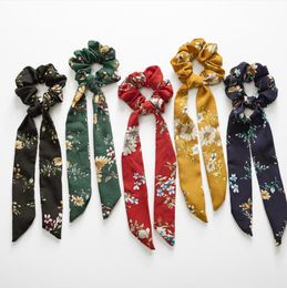 Women Floral Hair Scarf Vintage Bow Hairband Scrunchies Long tassel Ribbon knotted Hair Bands Girls Hair Accessories 5 Designs