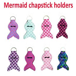 Mermaid Keychains Chapstick Holder Keychain Lipstick Cover Fish Design Key Ring Baseball Stripe Cover Case gift