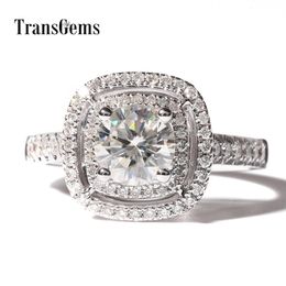 TransGems Double Halo Engagement Ring Center 1CT Diamond Engagement Rings Solid 14K 585 Weißgold für Frauen Hochzeit S200110