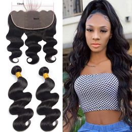 Indian Raw Virgin Hair Body Wave Bundles With 13X6 Lace Frontal Baby Hairs Natural Color 3pcs/lot Human Hair Wefts