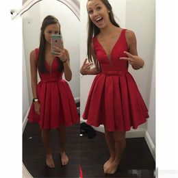 Red Homecoming Cheap Dresses Sheer V Neck Straps Ribbon Bow Short Mini Ruched Custom Made Tail Party Prom Gown