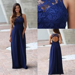Country Royal Blue Bridesmaid Dresses Sheer Crew Lace Sleeveless Backless Long Full Length Bridesmaid Gown for Weddings BD8904