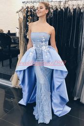 Trendy Lace Strapless Arabic Evening Dresses Skirt Formal Sheath Satin Long Party Prom Gown Plus Size Pageant Cheap Occasion Robe De Soiree