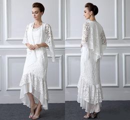 New Two Pieces Lace Mother Of The Bride Dresses With Coat Jewel High Low Women Prom Party Gowns Wedding Guest Gowns