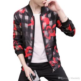 Mode dünne Jacken-Mantel Männer-Blumendrucken Bomberjacke Männer Transparent Sunscreen Mantel koreanische Art Male Jacke