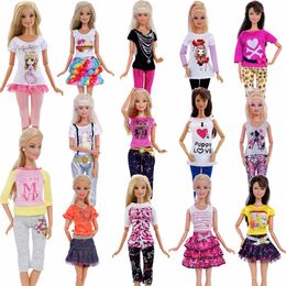 1 PCS Handmade Fashion accessory Outfit Short Dress Cartoon Cute Pattern T-shirt Leggings Trousers Accessories Clothes For Barbie Doll Toy