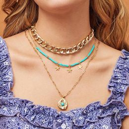Popular fashion luxury designer multi layer metal chain Turquoise cute star circular pendant choker statement necklace for woman