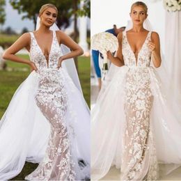 V Neck Lace Illusion Mermaid Wedding Dresses 2020 Tulle Applique Sweep Train Wedding Bridal Gowns robes de mariee With Over Skirt 2797
