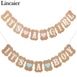 Wholesale-Lincaier Baby Shower 3M Paper Its a Boy Girl Banner Party Baptism Decoration Bunting Favours Supplies Blue Pink Babyshower