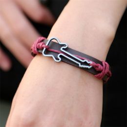 New Fashion Vintage Mens Real Leather Wrap Guitar Charm Bangle Bracelets Pulseira Masculina Rope Bracelet Bangles Jewellery for Men and Women