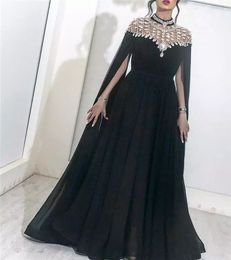 Trendy 2018 New Arrival Muslim Prom Dresses Sheer Beaded High Collar A Line Split Long Sleeve Black Chiffon Arabic Dubai Evening Gowns